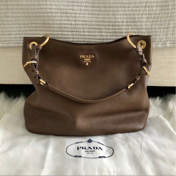 PRADA Brown and Gold Vitello Daino Leather Hobo Bag - Picture 1 of 15